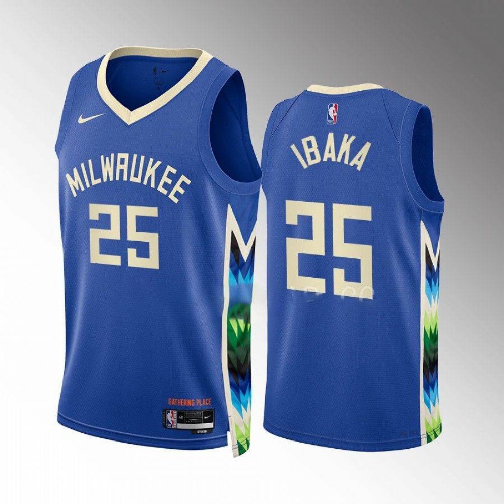 Camiseta Serge Ibaka #25 Milwaukee Bucks 2022-23 City Edition Azul Camiseta Serge Ibaka #25 Milwaukee Bucks 2022-23 City Edition Azul