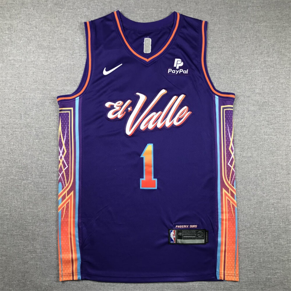 Camiseta Devin Booker #1 Phoenix Suns 2024 City Edition Púrpura Camiseta Devin Booker #1 Phoenix Suns 2024 City Edition Púrpura