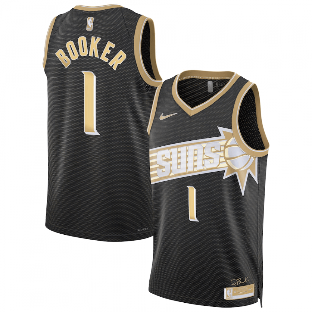 Camiseta Devin Booker #1 Phoenix Suns 2024 Negro/Oro Select Series Camiseta Devin Booker #1 Phoenix Suns 2024 Negro/Oro Select Series