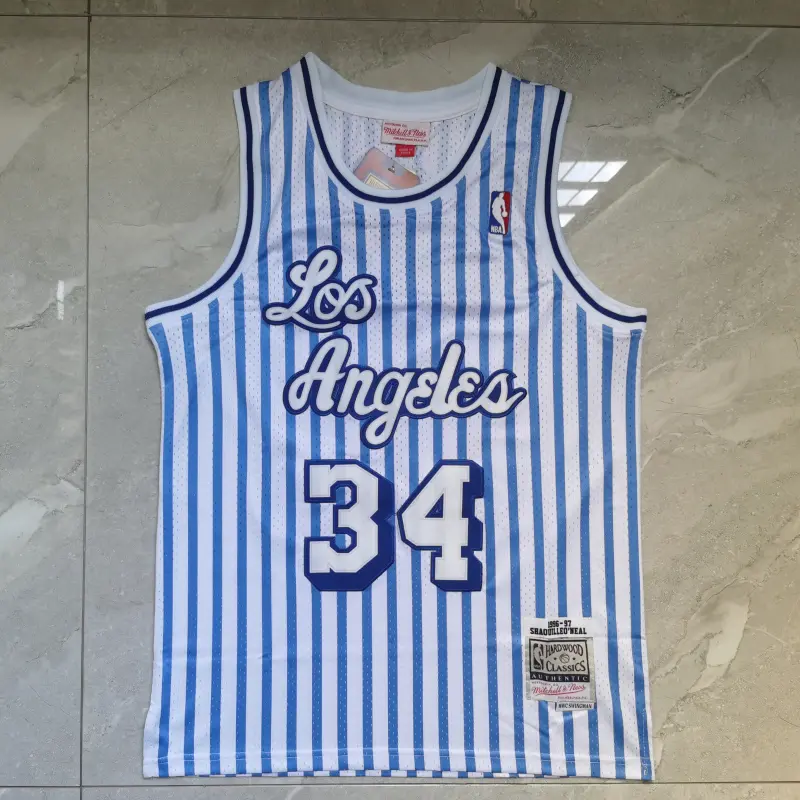 Camiseta Shaquille O’Neal #34 Los Angeles Lakers Rayas Blanco/Azul