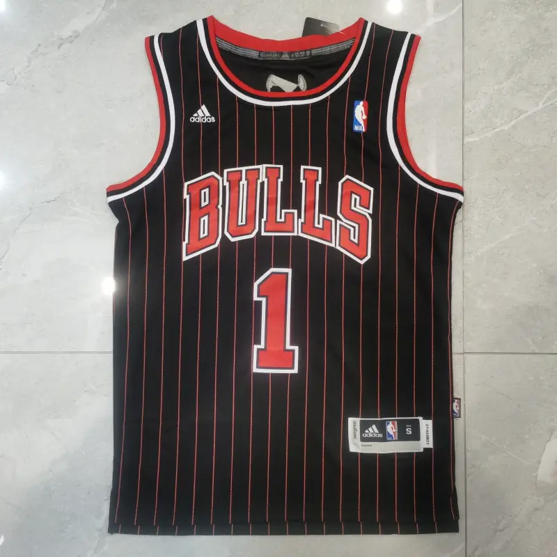 Camiseta Derrick Rose #1 Chicago Bulls Rayas Negro/Rojo