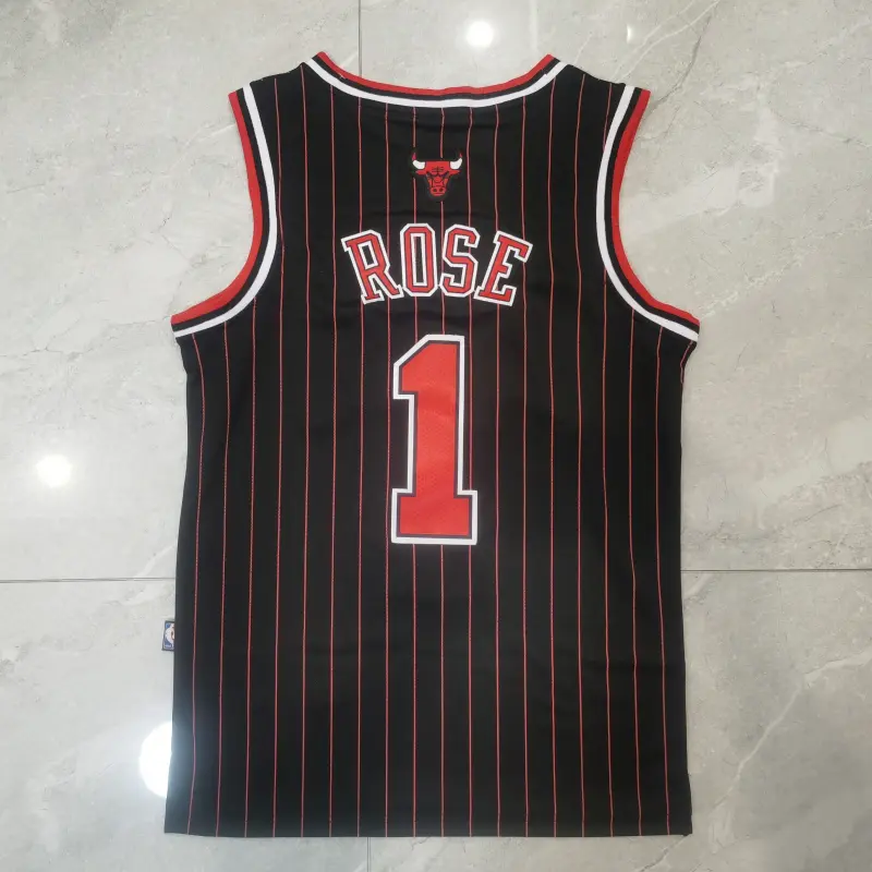 Camiseta Derrick Rose #1 Chicago Bulls Rayas Negro/Rojo