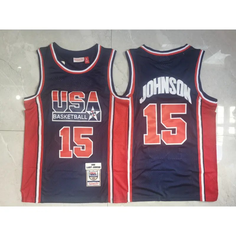 Camiseta Larry Johnson #15 USA 1992 Dream Team Azul Oscuro Classic