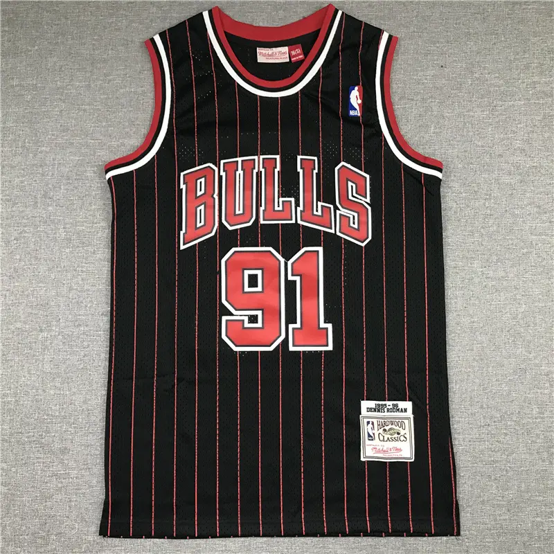 Camiseta Dennis Rodman #91 Chicago Bulls 1995/96 Negro con Rayas Rojas