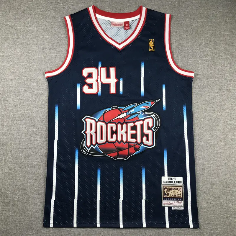 Camiseta Hakeem Olajuwon #34 Houston Rockets 1996/97 Azul Oscuro Retro Icon Oro