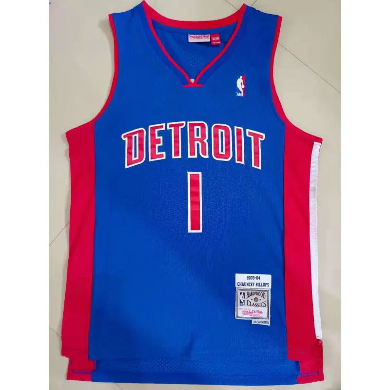 Camiseta Chauncey Billups #1 Detroit Pistons 2003 Azul/Rojo