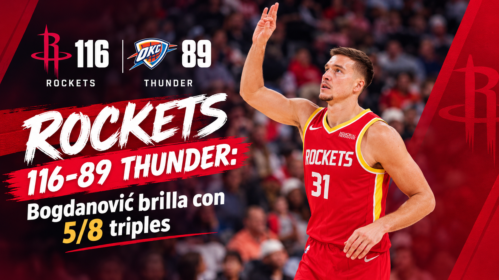 Rockets 116-89 Thunder: Bogdanović brilla con 5/8 triples