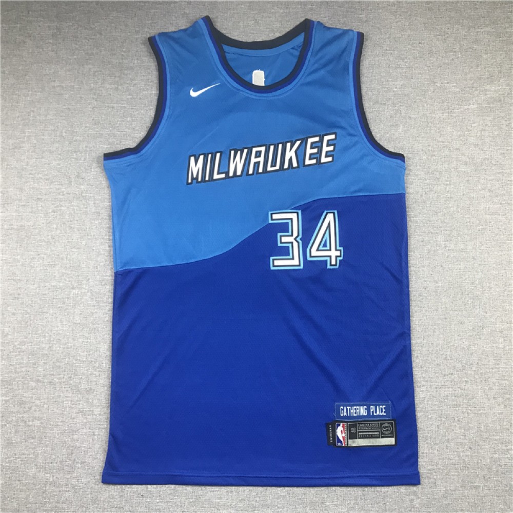 Camiseta Giannis Antetokounmpo #34 Milwaukee Bucks 2021 Azul City Edition  Camiseta Giannis Antetokounmpo #34 Milwaukee Bucks 2021 Azul City Edition